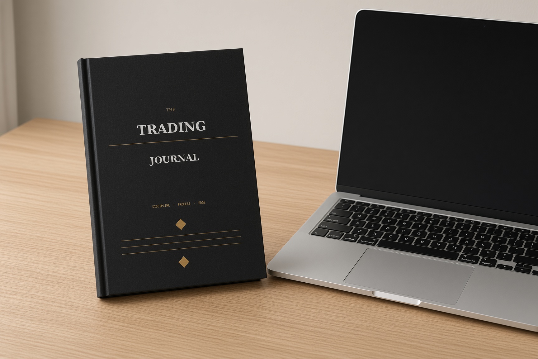 The Trading Journal standing on a desk beside an open laptop