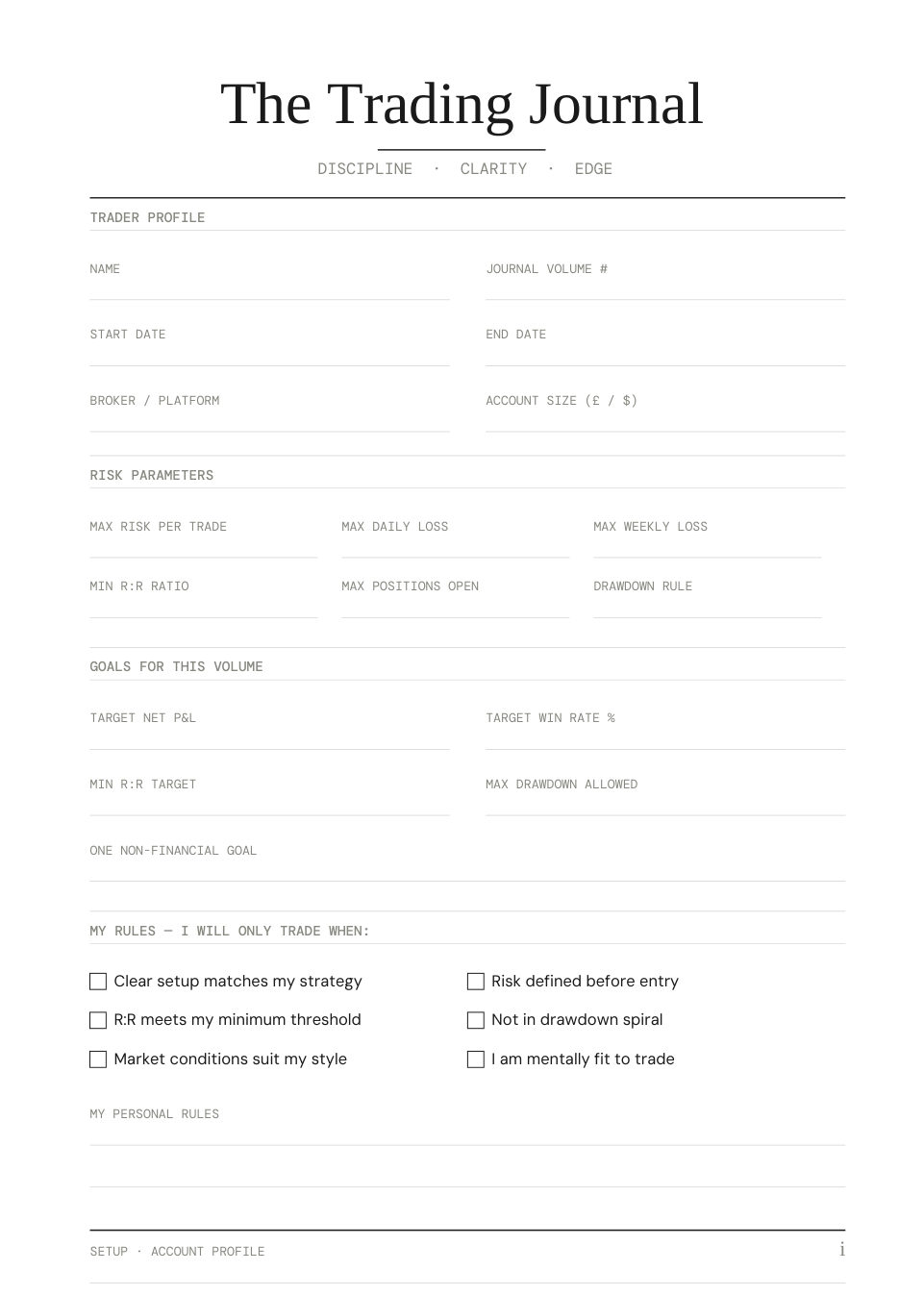 Setup page: trader profile, risk parameters and rules